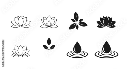 A set of minimalist lotus flower and water drop illustrations in black and white