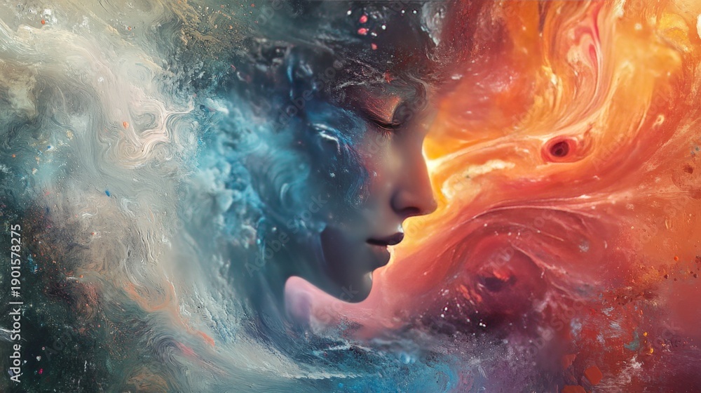 Fototapeta premium A woman's face emerges from a swirling abstract background of blue and orange hues, symbolizing duality and balance.
