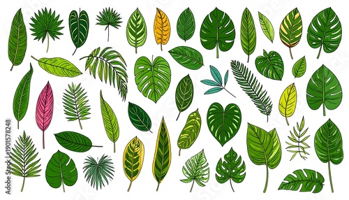 A vibrant collection of assorted tropical leaves, rendered in a hand-drawn illustration style, with varying shapes, sizes, and shades of green