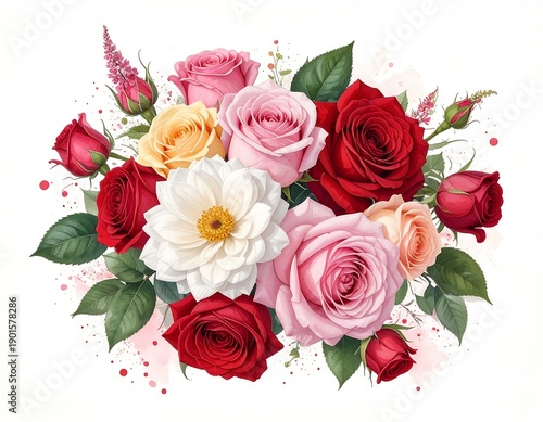 A vibrant collection of blooming roses in various colors and stages, surrounded by green leaves on a white background