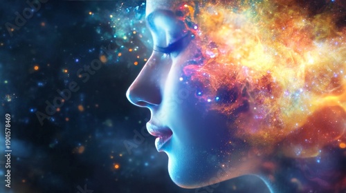 A woman's face with glowing, abstract energy surrounding her head.