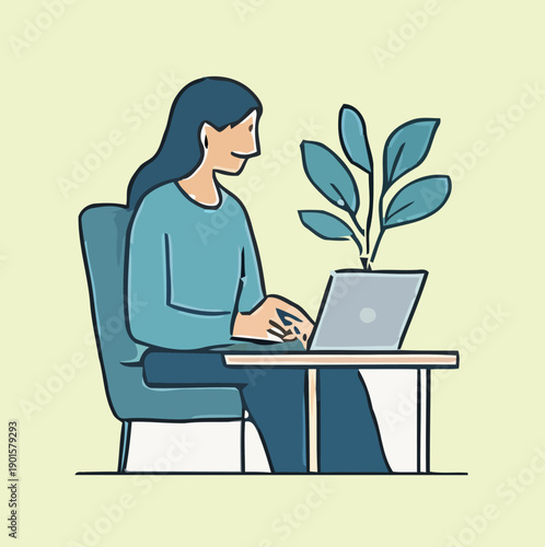 A young businesswoman sitting at an office desk smiles while typing on a laptop computer, using wireless technology to work