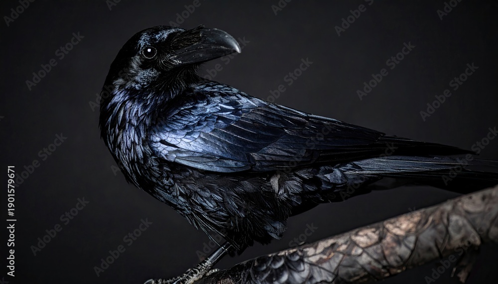 Fototapeta premium Black Raven Portrait Perched on Branch with Iridescent Feathers on Dark Background