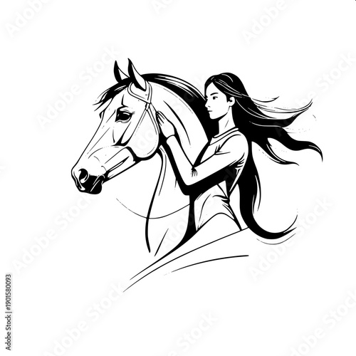 Artistic white silhouette of horse head with woman profile inside mane, flowing hair strands, minimal vector clipart, dark background