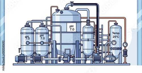 Industrial equipment setup with tanks, pipes, and valves, illustrating a complex processing system from a frontal viewpoint