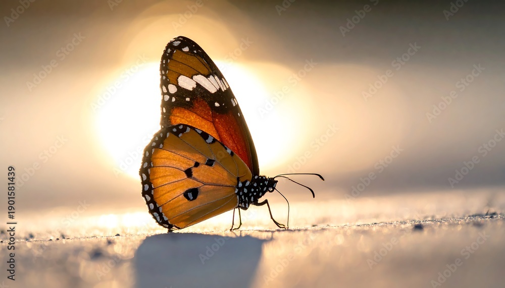 Obraz premium A vibrant butterfly rests, basking in the glow of the sunset. Close-up showcases wing details. Blurry, sunlit background
