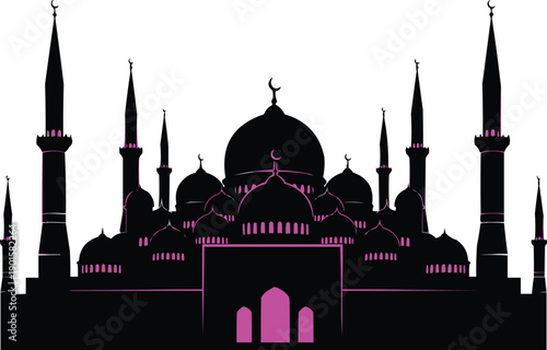 described is a striking silhouette of a mosque, characterized by its bold black outline against a white background
