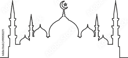 The described image contains a black and white outline drawing of a mosque, characterized by its design.