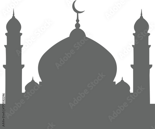 described features a gray silhouette of a mosque, which is a representation of Islamic architecture