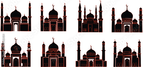 The image contains eight images of the mosque, arranged in a grid format of two rows and four columns.