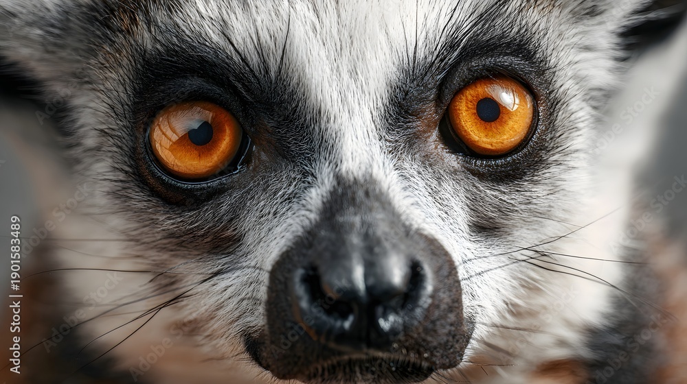 Fototapeta premium Close-up portrait of a ring-tailed lemur with striking orange eyes, looking directly at the camera.