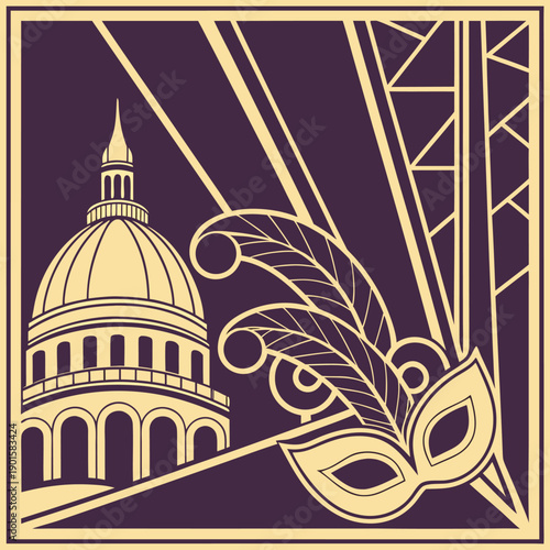 Art Deco Masquerade Poster with Golden Mask and Architecture