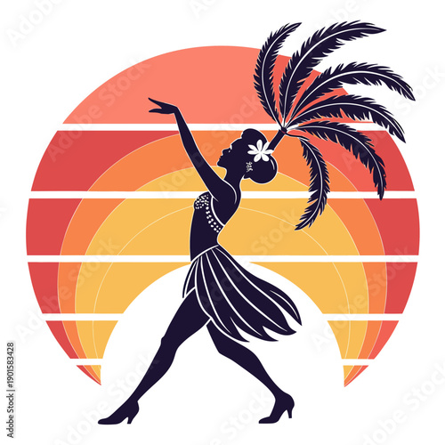 Silhouette of Samba Dancer with Feather Headdress at Retro Sunset