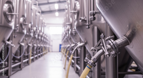 Stainless steel tank filling hose in brewery industrial production facility
