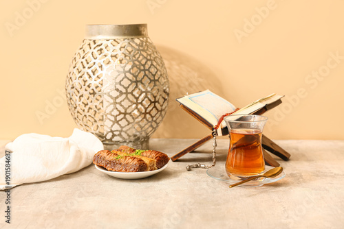 Glass cup of tea, baklava, ...