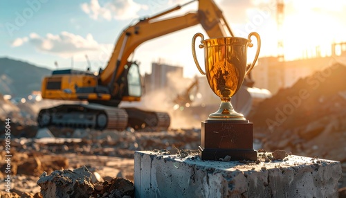 Golden trophy stands proudly on concrete amidst construction site under sunlight