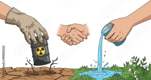 Hands exchanging contaminated object for water to nourish dry earth and revive greenery from a symbolic viewpoint