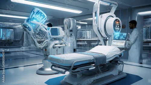 Futuristic medical room with advanced robotic diagnostic equipment and a smart patient bed in a high-tech hospital setting.