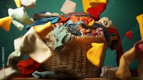 Overflowing Wicker Laundry Basket with Colorful Dirty Clothes Piling Up