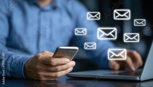 a businessman using his mobile phone and laptop to create an email contact, with envelopes floating above the screen Generative AI