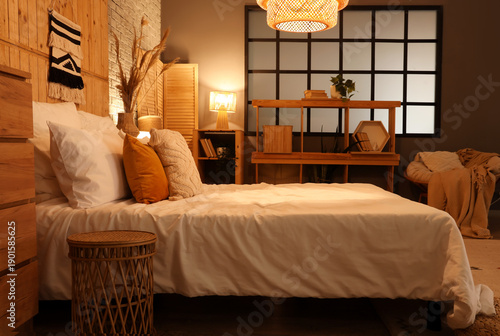 Bed, shelving unit and glow...
