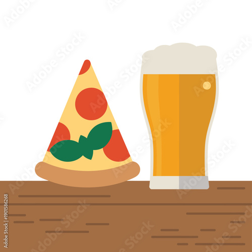 A slice of pepperoni pizza and a glass of beer on a wooden table