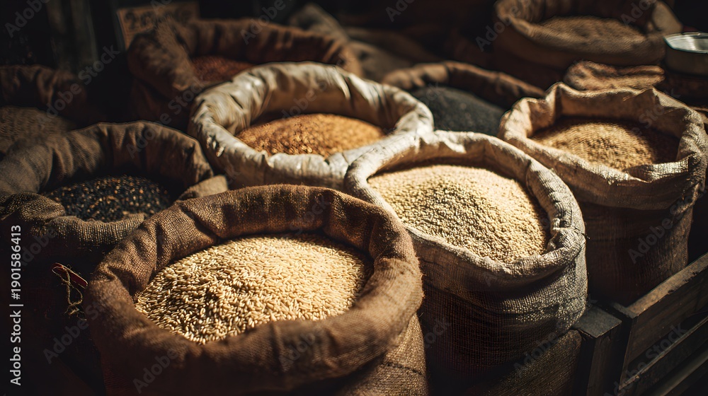 Obraz premium Close-up view of various sacks filled with different grains and seeds.