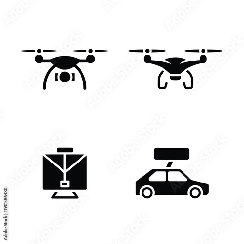 A set of black icons depicting drones and delivery methods on a white background
