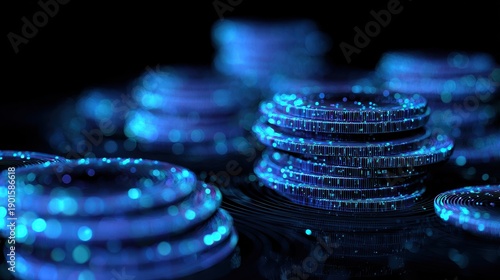 Financial data flow wrapping around stacked coins, AI economy concept, abstract futuristic, electric blue highlights, digital illustration.