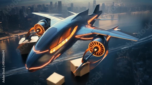 Futuristic Cargo Drone Flying Over Night City Delivering Packages