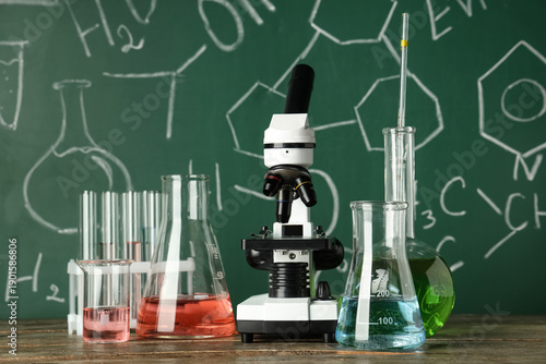 Modern microscope and flask...