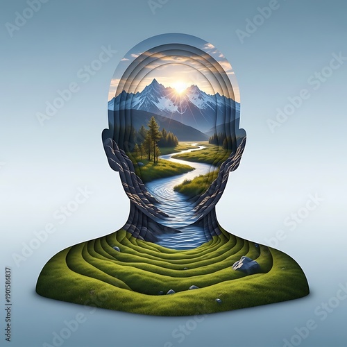 A layered human head silhouette revealing a serene natural landscape with mountains, a winding river, and green hills, symbolizing inner peace and connection to nature.