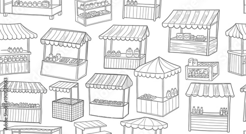 Market Scene, Stalls, Outdoor, Illustration, Urban, Aerial View, Community Culture