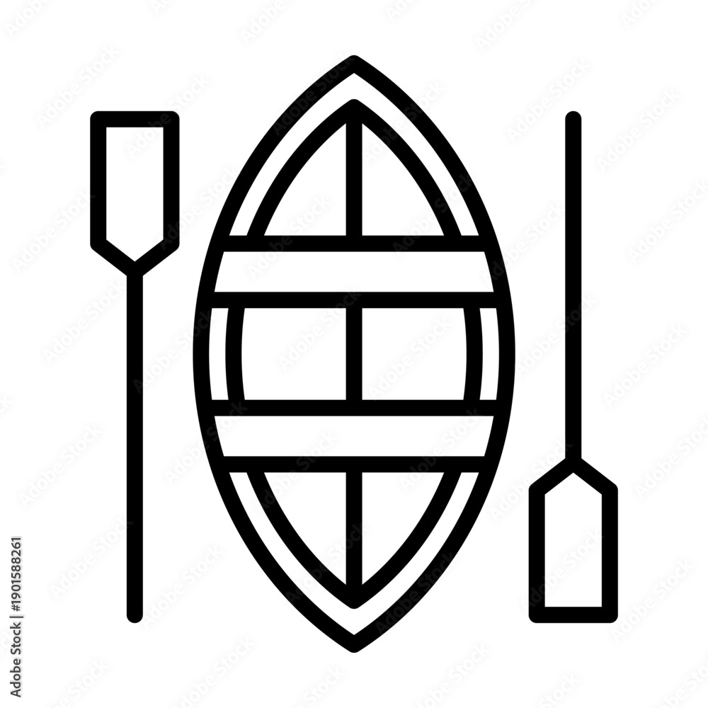 Obraz premium Black line icon rowboat with oars. Minimalist transportation and vehicles outline symbol design.