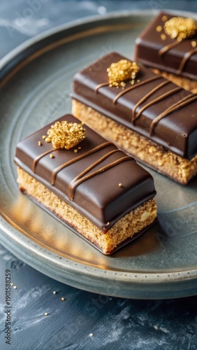 Decadent golddusted dessert bars in a rich chocolate coating sit on a luxurious plate