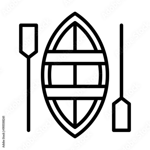 Black line icon rowboat with oars. Minimalist transportation and vehicles outline symbol design.