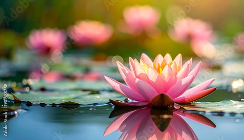 Close-up of pink water lilies blooming on a tranquil pond, soft focus in background