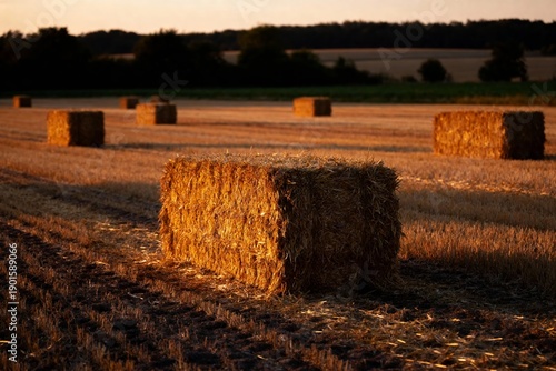Hay bales in a harvested field at sunset