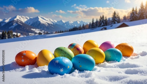 A vibrant cluster of colorful, decorated eggs nestled in fresh white snow against a backdrop of snow-capped mountains and a bright sky