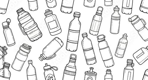 Artistic Illustration of Various Water Bottles, Creative Design, Digital Artwork, Abstract Style, Artistic Viewpoint