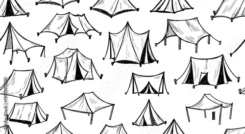 Camping Action, Tents Subject, Outdoor Location, Illustration Content Type, Natural Environment, Aerial Viewpoint, Adventure Concept