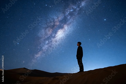 Silhouette of a person standing on a sand dune under the Milky Way galaxy at night