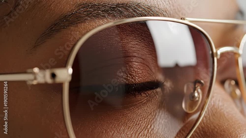 Blinking eye through sunglasses. An intimate close-up of an eye blinking behind lightly tinted sunglasses, emphasizing subtle motion and reflection.