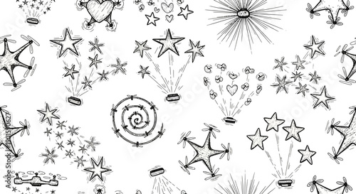 Festive Celebration, Stars and Hearts, Creative Design, Abstract Illustration, Whimsical Environment, Top-Down View, Joyful Concept