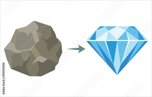 This graphic illustrates the transformation of a raw stone into a brilliant diamond, representing the process of development and refinement leading to valuable outcomes.