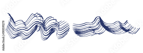 Abstract grunge textured vector wavy dark blue ink paint brush stroke border set. Artistic curve dynamic isolated grunge indigo paintbrush for texture design, sound wave background, striped mascara