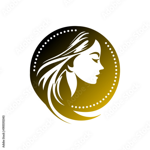 Golden beauty woman face profile silhouette with flowing hair in circle frame