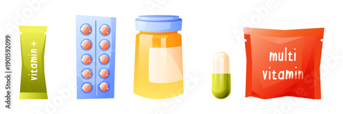 Vector set of different types of medicines, vitamins and medicinal products.