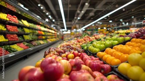 Vibrant supermarket aisle showcasing a colorful array of fresh fruits and vegetables for sale.