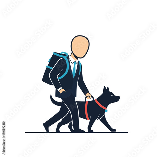 Man with Service Dog Walking, Business Suit, Backpack